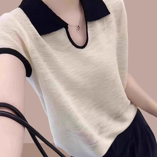 韩系白色Polo衫 独特超好看百搭v领上衣 正肩冰丝针织短袖 t恤女夏季