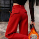 韩版 女 红色加绒加厚高腰阔腿裤 宽松显瘦百搭垂坠感2025秋冬季 新款