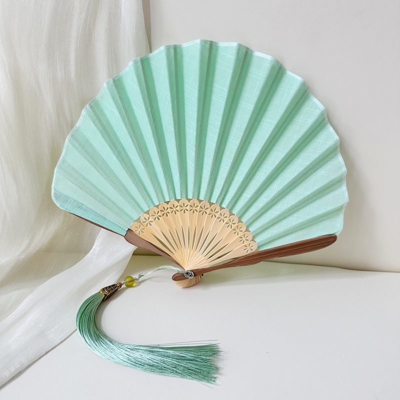 古风扇子折扇小扇子纯色薄荷绿色素面折扇古朴复古风扇子贝壳扇竹