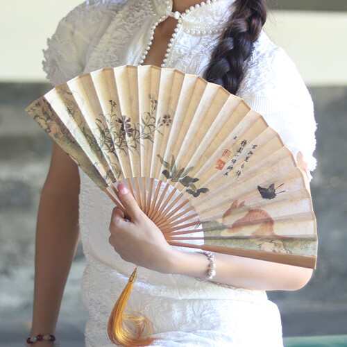 8寸扇子布面双面大古风折扇蝴蝶