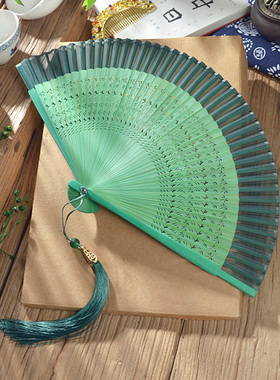 扇子新中式绿色蝴蝶扇子折扇中国风古风汉服扇真丝折扇汉服旗袍女