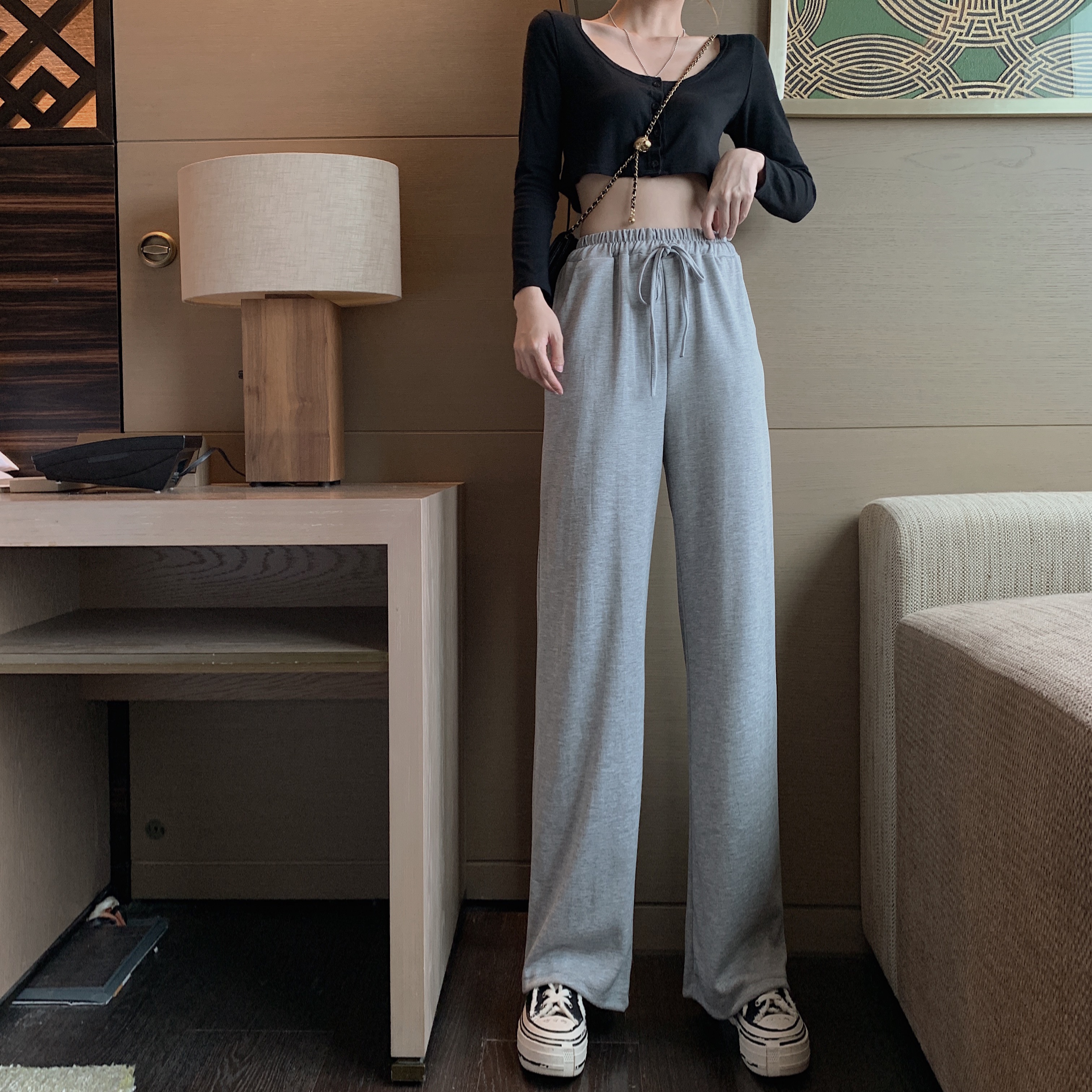 Real shot grey sports pants women's loose straight tube autumn and winter leisure high waist drop feeling wide leg pants