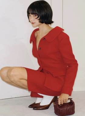 M家2025秋冬新款红色羊毛呢复古西装外套半身裙套装