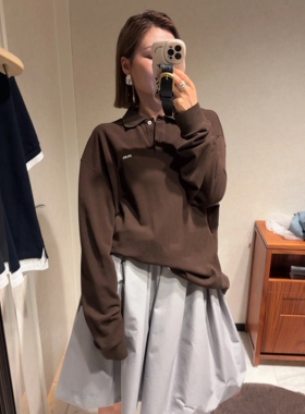 miu系小清新学院风宽松假两件半袖/长袖polo衫T恤女灰色蓬半身裙