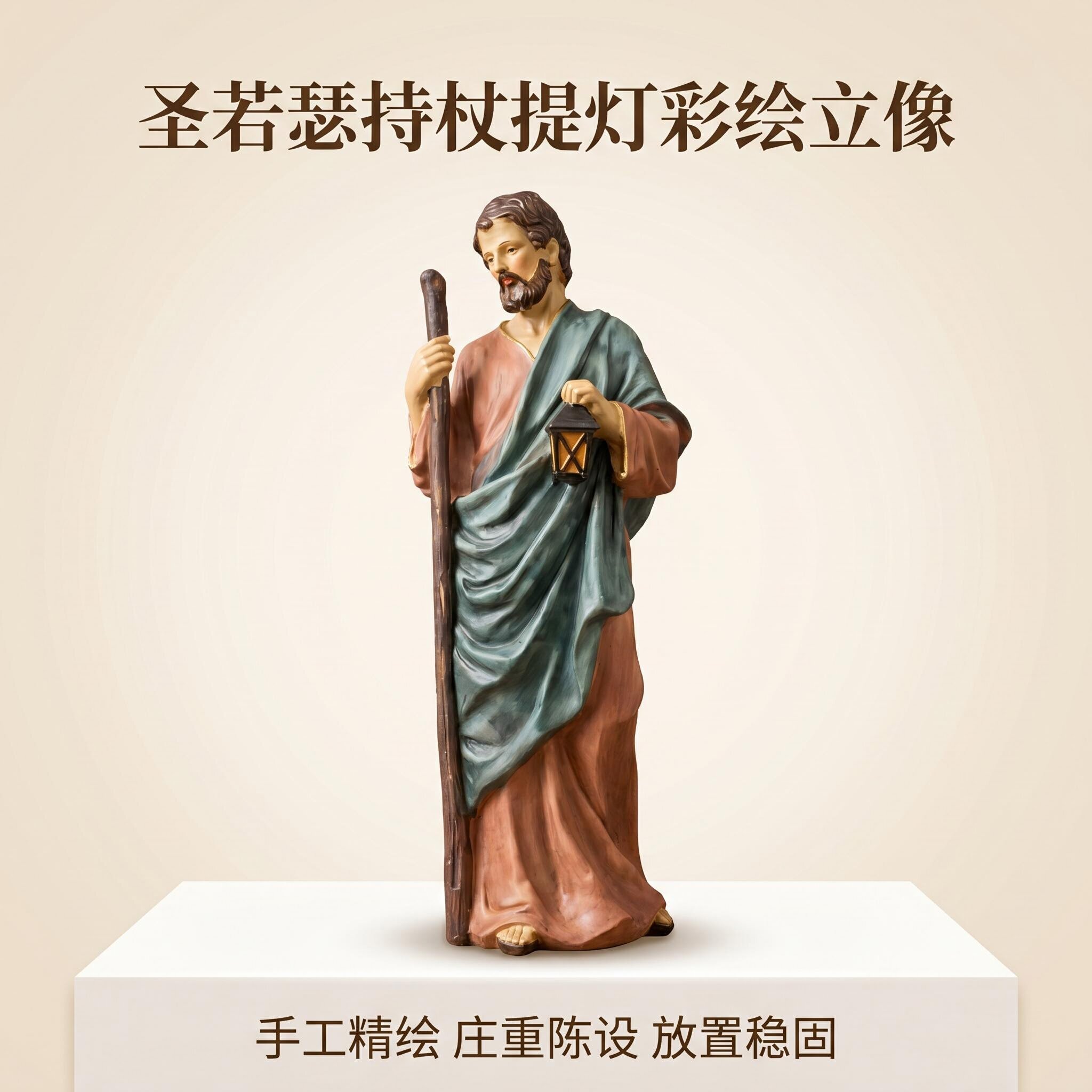 圣若瑟持杖提灯彩绘立像摆件
