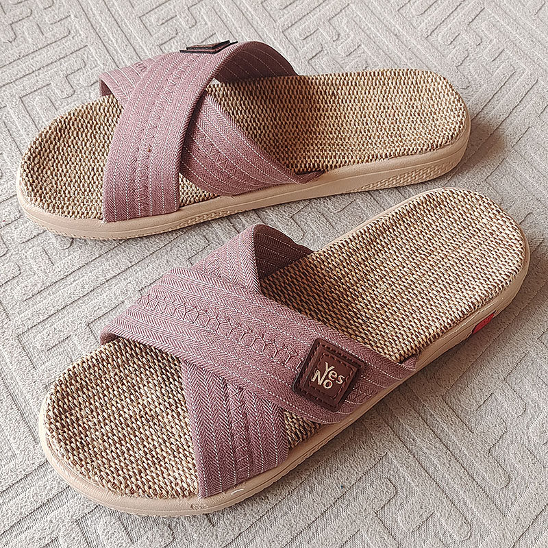 情侣亚麻交叉带拖鞋无声厚底吸汗纳米女防滑男轻便凉拖鞋