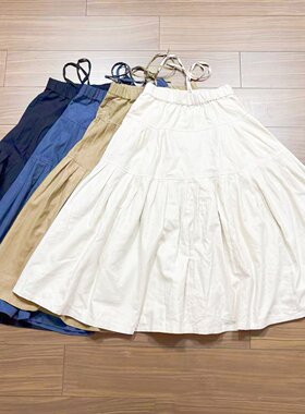 文艺范垂感棉麻压褶半身裙女2026秋季新款系带松紧腰中长裙大摆裙