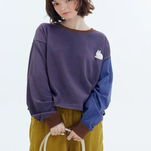 官网棉质条纹针织衫女2026春季新款小猫刺绣长袖圆领保暖纯棉上衣