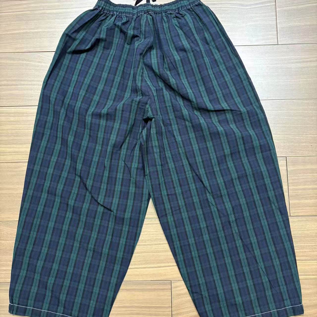 日单棉麻蓝绿格子高腰萝卜裤女2025秋季新款系带松紧腰棉麻长裤