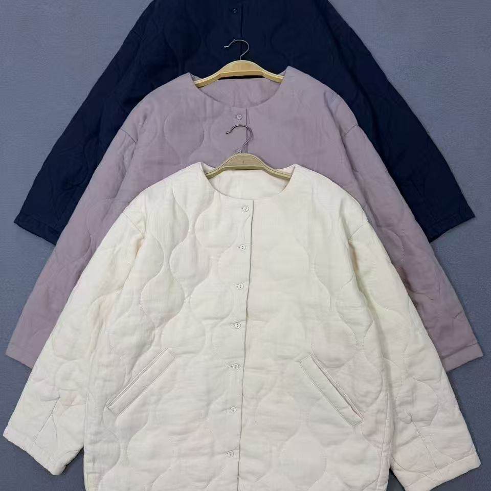 日单加厚纯麻面料棉服女2025冬季新款纯色圆领夹棉保暖亚麻外套