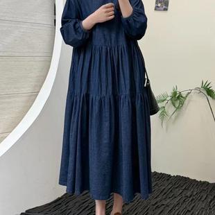 深蓝色长袖 甜美圆领纯棉蛋糕裙中长裙 牛仔连衣裙女2025春季 新款