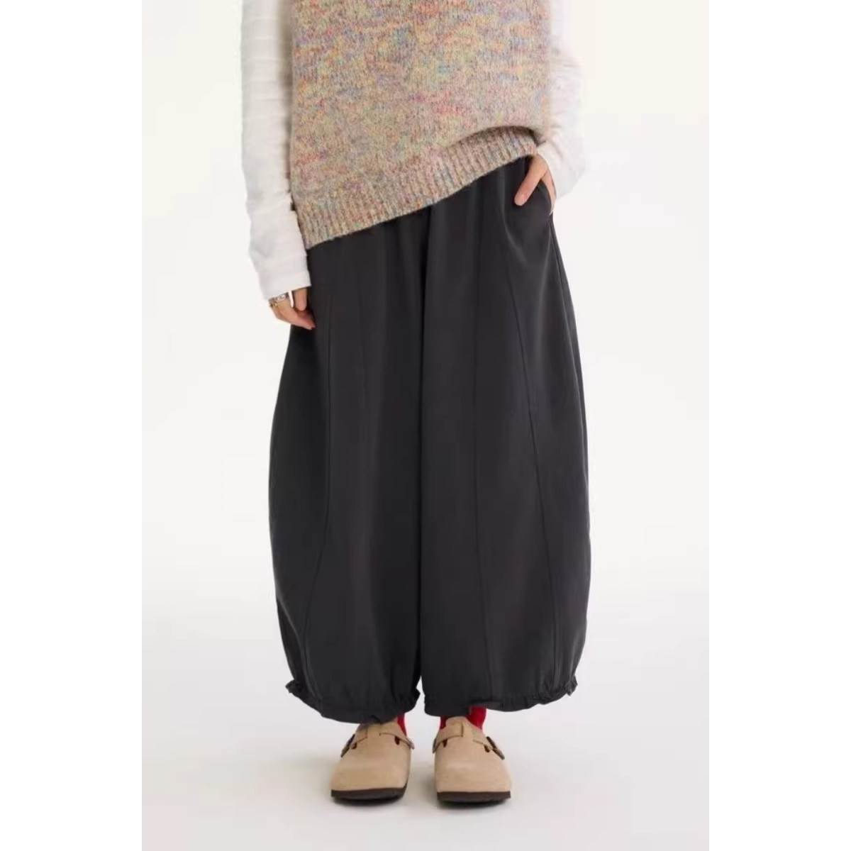 妮蔻花苞裤阔腿裤女2026春季新款纯棉系带松紧腰灯笼裤长裤八分裤