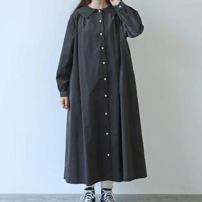 官网细灯芯绒长袖连衣裙女2025冬季新款翻领大码纯棉中长裙衬衫裙