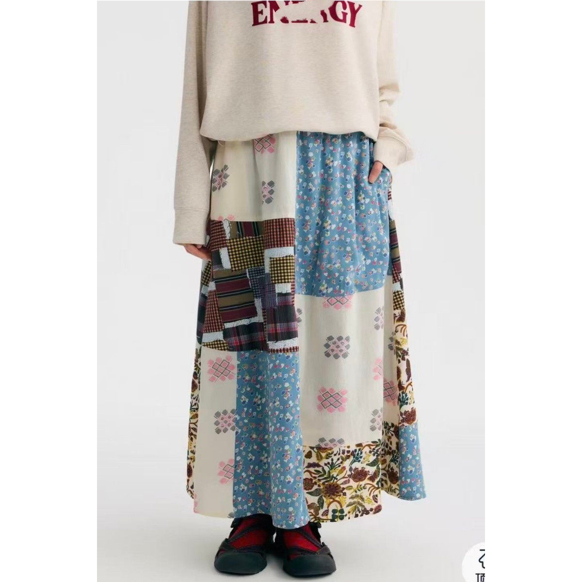 日单碎花拼接半身裙女2026夏季新款系带松紧腰纯棉高腰时尚中长裙
