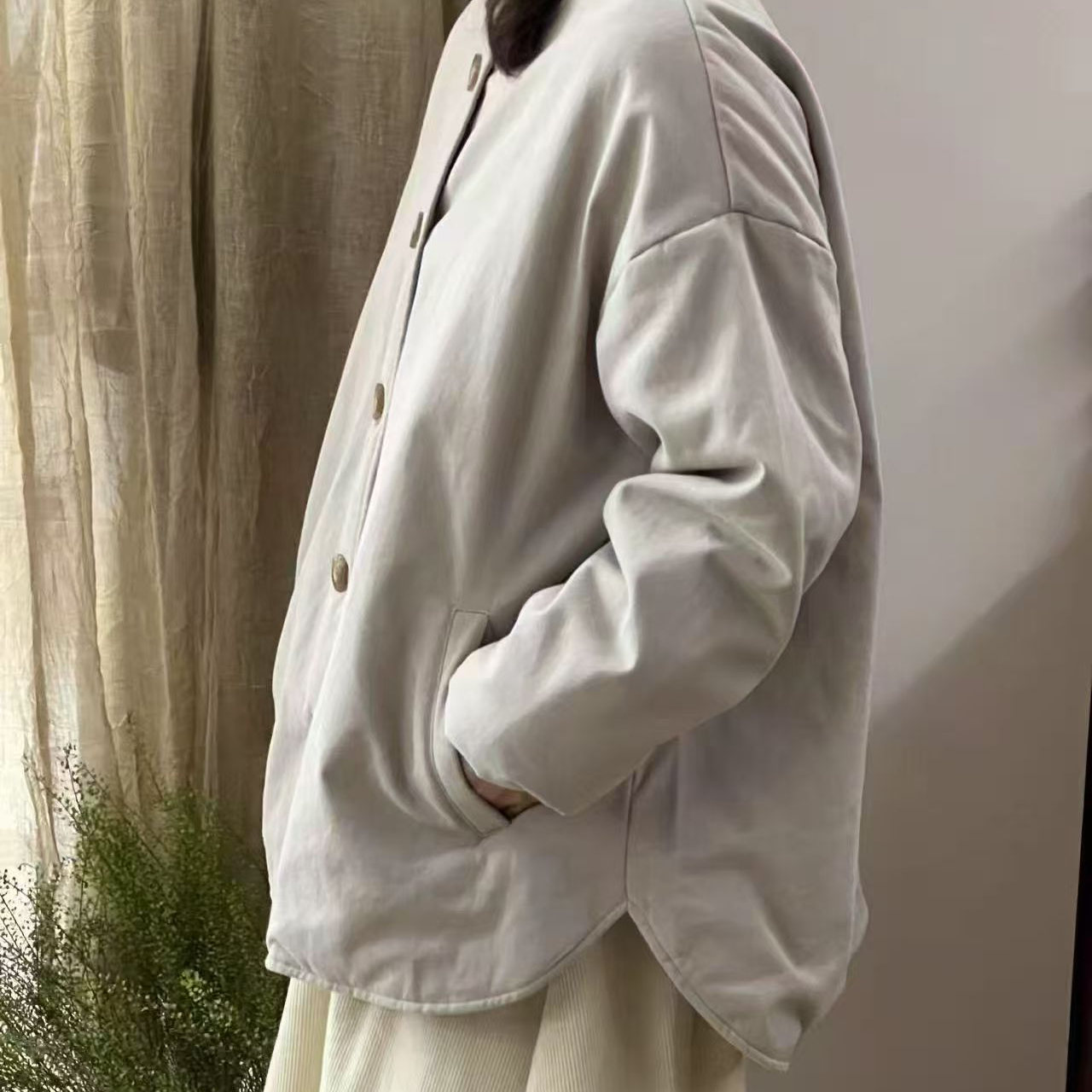 日单纯棉减龄棉服女2025冬季新款纯色圆领夹棉保暖棉衣宽松外套