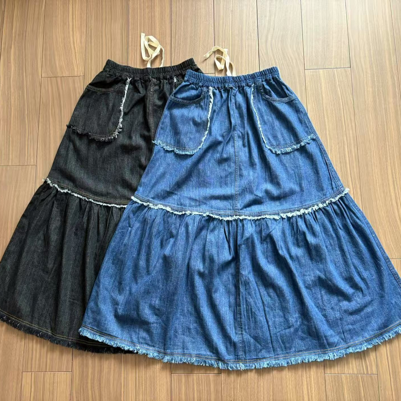 日单毛边牛仔半身裙女2025夏季新款系带松紧腰纯棉高腰大摆裙