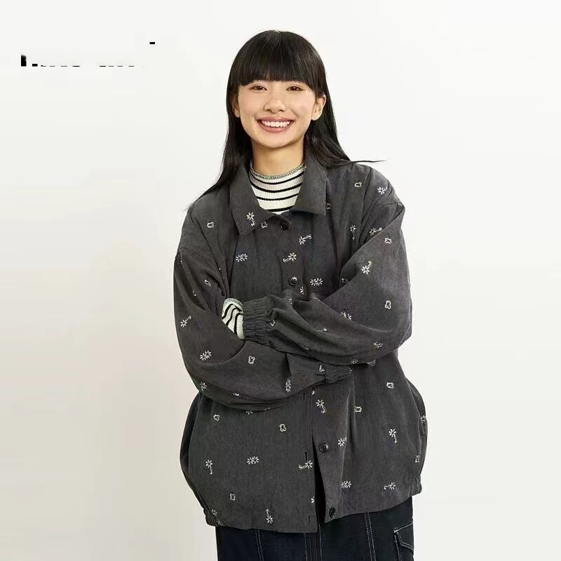 官网绣花细灯芯绒长袖外套女2025春季新款大翻领纯棉中长款外套