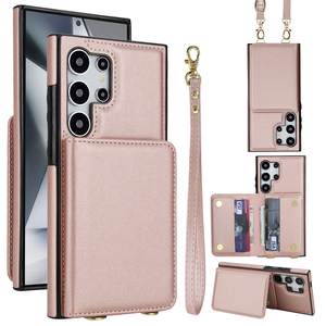 三星S25edge手机壳多卡槽带挂绳斜挎设计时尚简约风素皮s23FE/S22/note20适用于Galaxy S24ultra保护套插卡包