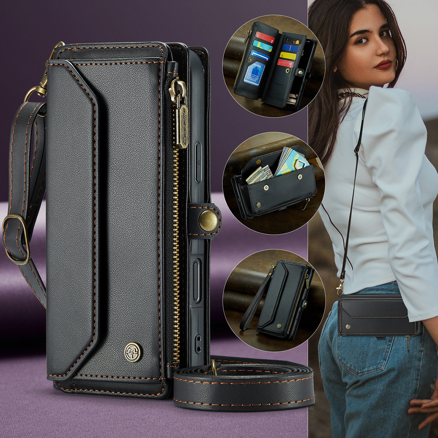 iPhone16ProMax手机壳带长挂绳斜挎零钱包14皮套卡包可插卡适用于13翻盖12mini全包11苹果15plus防摔保护套XR