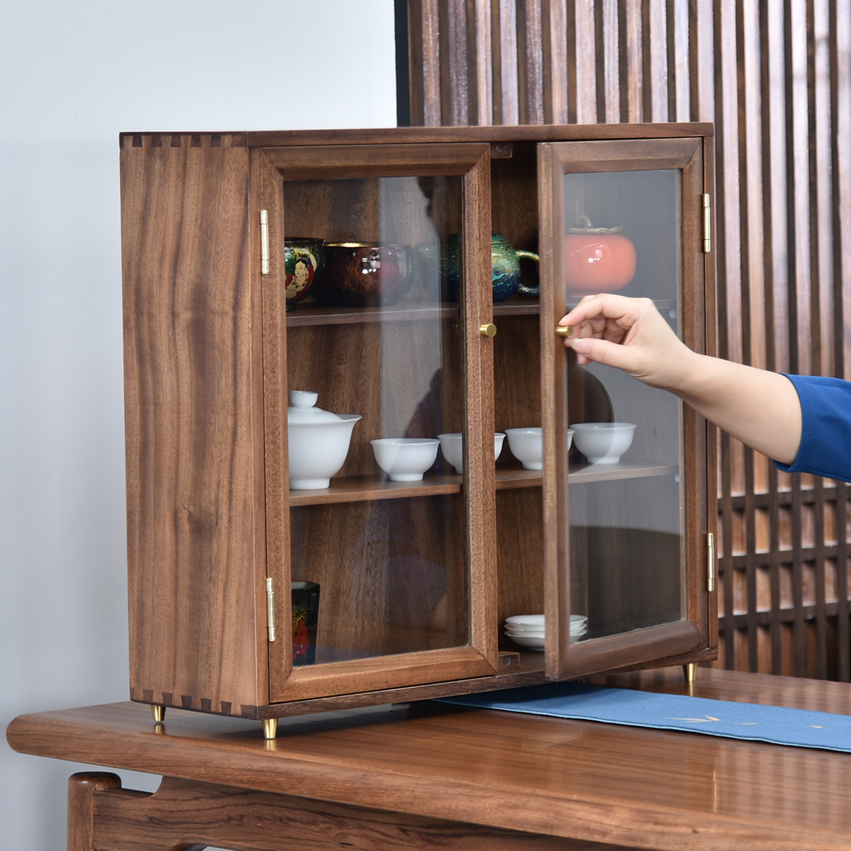 茶具收纳柜胡桃木简约现代玻璃柜