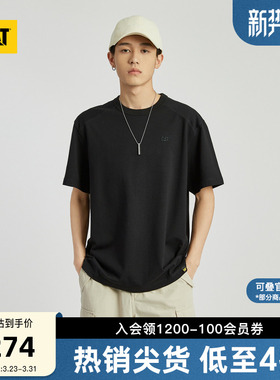 CAT卡特夏季男经典微落肩全棉简约小logo印花美式短袖T恤
