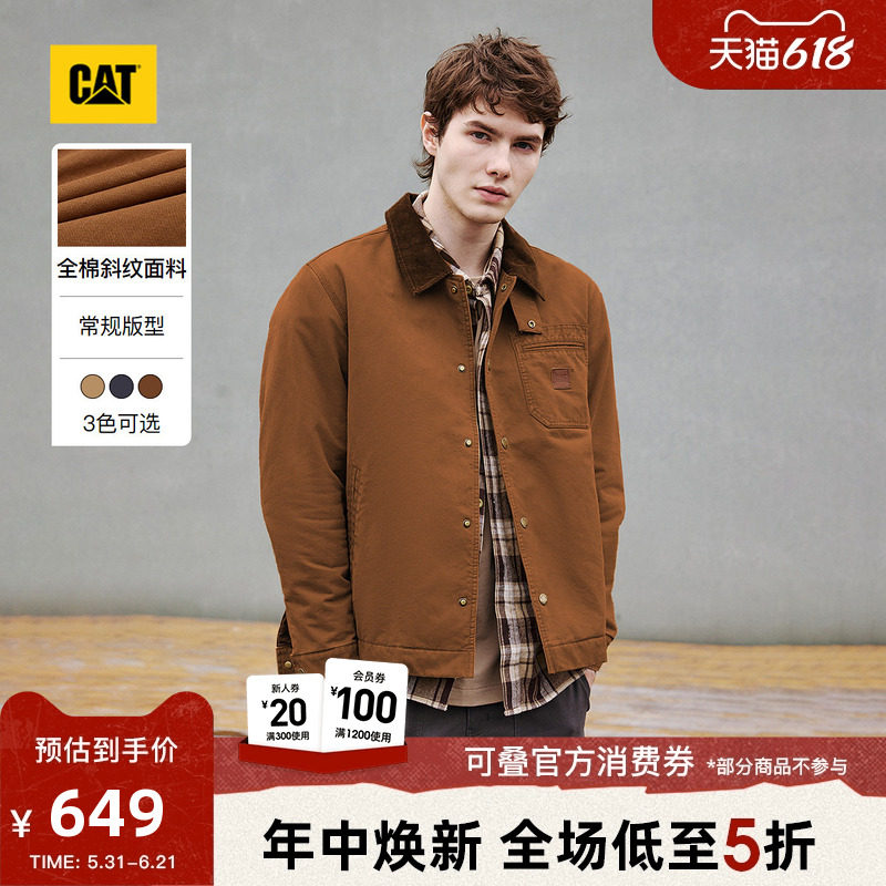 CAT卡特秋冬男士日常保暖皮质贴布口袋底特律工装灯芯绒翻领棉服