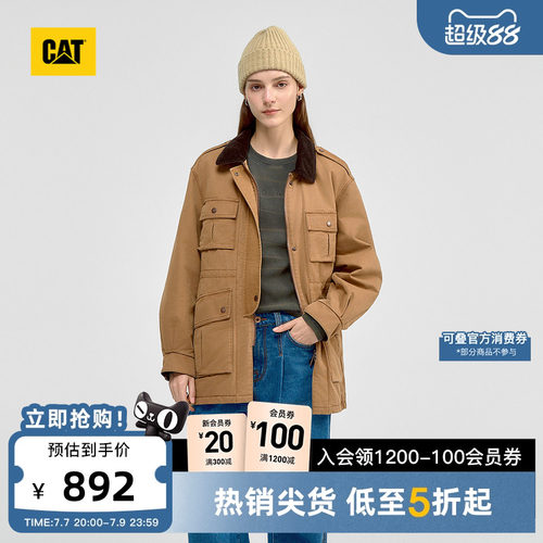 CAT卡特秋冬女士复古工装中长款保暖灯芯绒翻领棉服商场同款