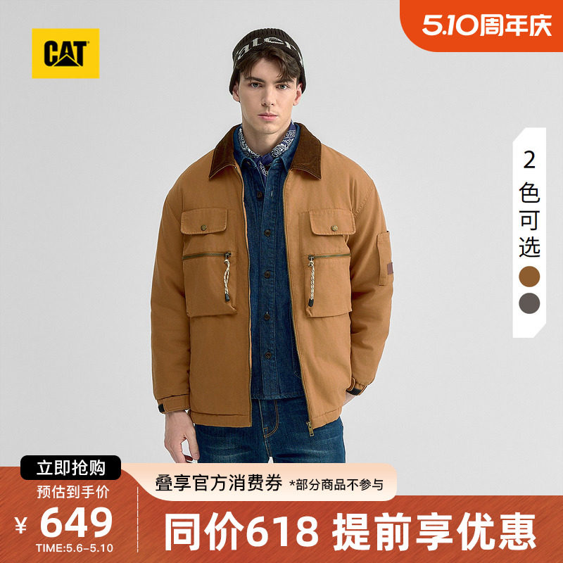 CAT卡特秋冬男士日常保暖经典工装灯芯绒翻领夹克长款棉服外套