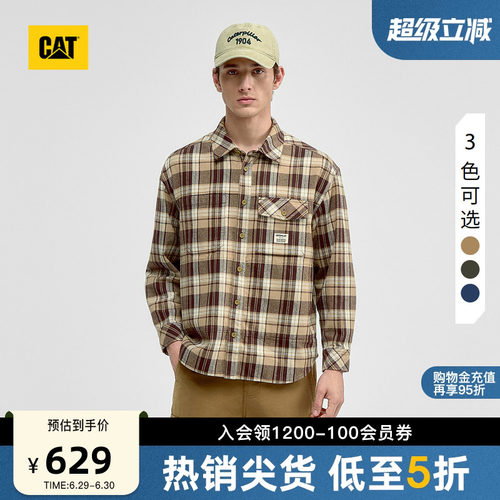 CAT卡特春季男士全棉宽松工装贴袋长袖格子衬衫商场同款