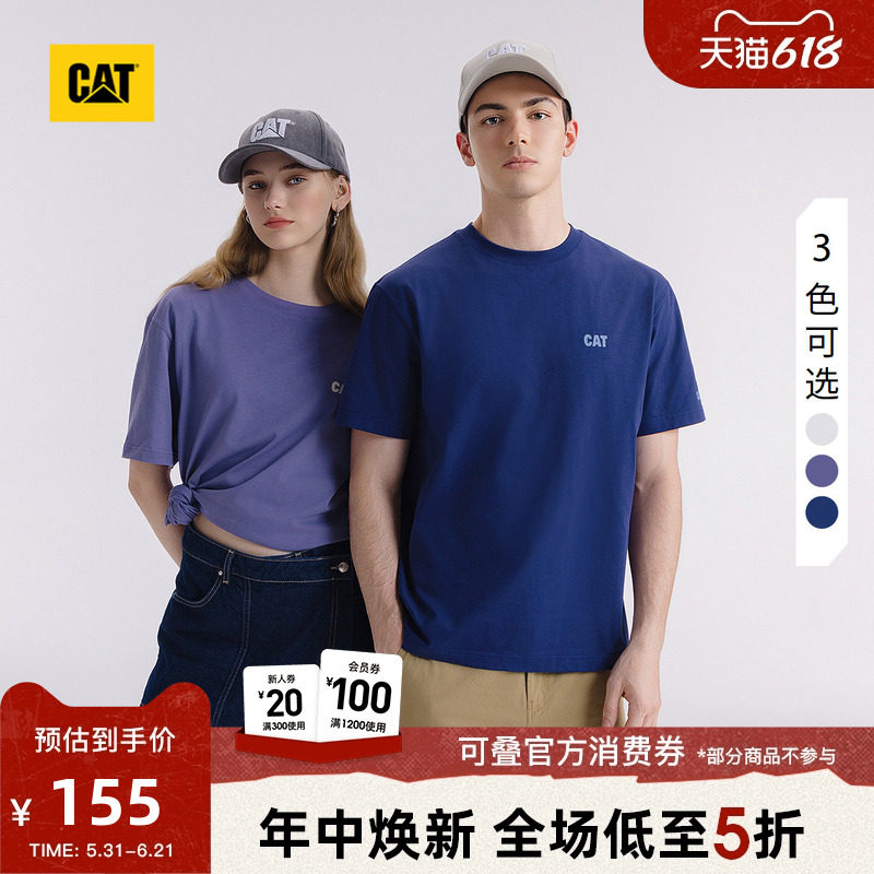 CAT卡特夏季男女同款户外美式落袖肩膀宽松圆领山系全棉短袖T恤