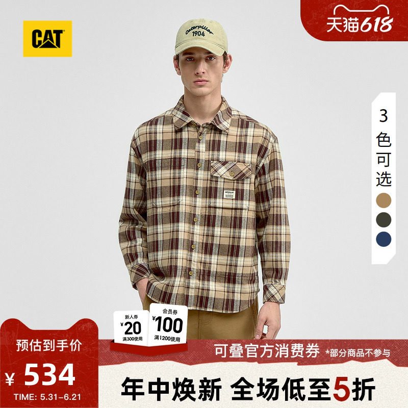 CAT卡特春季男士全棉宽松工装贴袋长袖格子衬衫商场同款