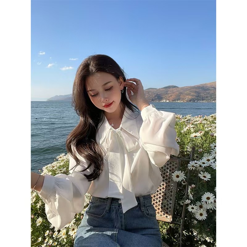 春夏宽松灯笼袖蝴蝶结衬衫白色百衬衫