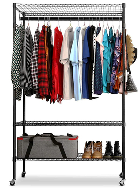 新款黑色卧室组合挂衣服架子学校寝室出租带轮简约现代衣橱收纳