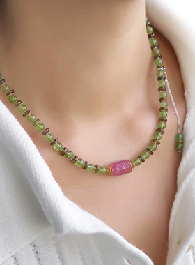 和嘉裕原创天然绿碧玺圆珠粉回纹项链高级设计精致平安扣轻奢首饰