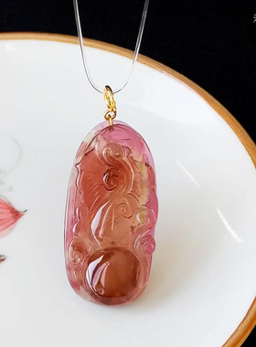 和嘉裕天然粉西瓜碧玺葫芦吊坠冰透高品双面雕刻项坠轻奢首饰正品