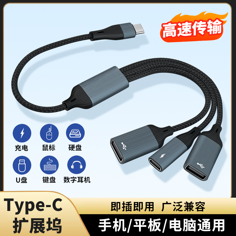一拖三双C母口转接头一分二PD60W充电数据U盘硬盘鼠标USB转换器TYPE-C手机WiFi上网宝适用苹果华为电脑笔记本