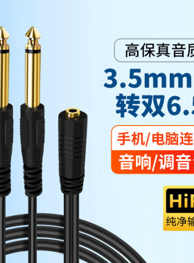3.5mm母转双头6.5mm大二芯左右声道一分二声卡伴奏转换音频线输出功放6.35连接音响调音台AUX电脑手机笔记本