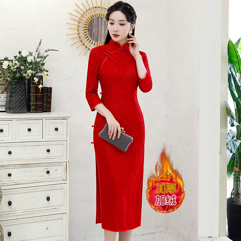 红色旗袍时尚年轻妈妈装订婚宴中长款过膝加绒加厚冬季中国红