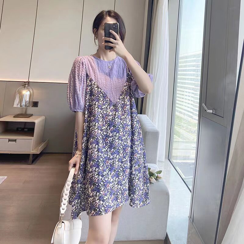 MATERNITY CLOTHES SUMMER TIDE MOM PREGNANCY GOING OUT LOOSE PLUS SIZE AGE REDUCTION FLORAL CHIFFON STITCHING FAKE TWO DRESSES