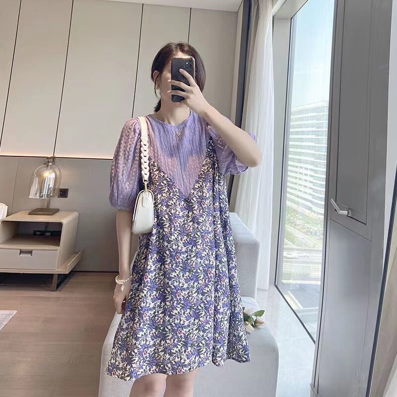 MATERNITY CLOTHES SUMMER TIDE MOM PREGNANCY GOING OUT LOOSE PLUS SIZE AGE REDUCTION FLORAL CHIFFON STITCHING FAKE TWO DRESSES