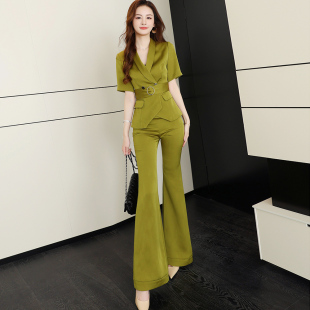 新品 干练职业装 短袖 果绿色气质仿醋酸时尚 喇叭裤 女夏季 小西装 套装