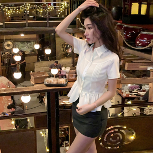 女学院风压皱短款 2025年夏季 衬衫 新款 上衣 韩系减龄收腰polo领短袖