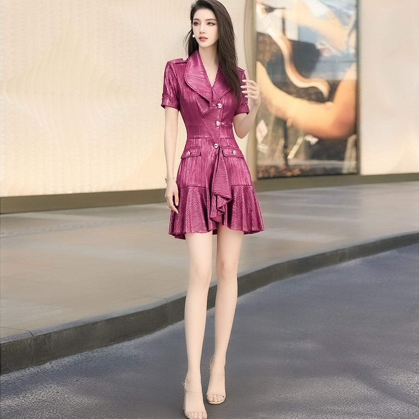 女神范约会短袖连衣裙女2026夏季新款收腰荷叶边高级感短裙裙子