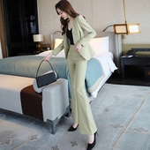 新款 显瘦小西服微喇叭裤 豆沙绿职业西装 时尚 通勤两件套女 套装 春季
