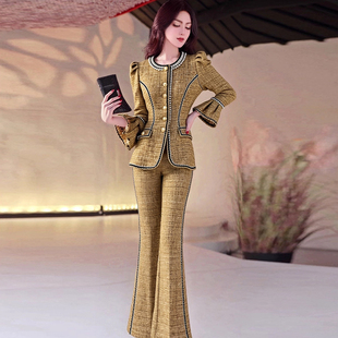 小香风粗花呢套装女冬季新款重工珍珠装饰喇叭袖名媛时尚两件套