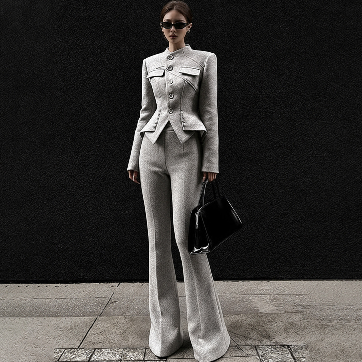 小立领极简毛呢时尚套装女2025冬装新款灰色显瘦职业小西装喇叭裤,女装/女士精品,时尚套装,淘宝优惠券,粉丝福利购,淘宝优惠卷