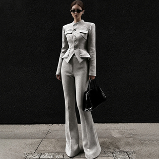 小立领极简毛呢时尚套装女2025冬装新款灰色显瘦职业小西装喇叭裤