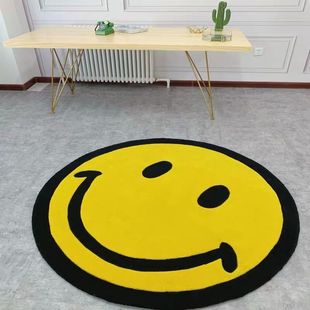圆形黄色笑脸ins客厅地毯儿童卧室房间脚垫拍照地毯化妆椅地垫