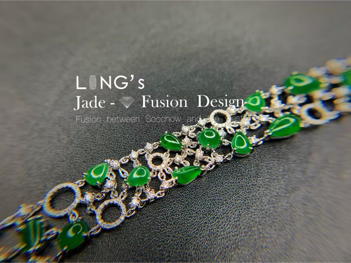*吉祥玉易坊*18K白金钻石  满绿翡翠   随形素面  设计款宽版手链