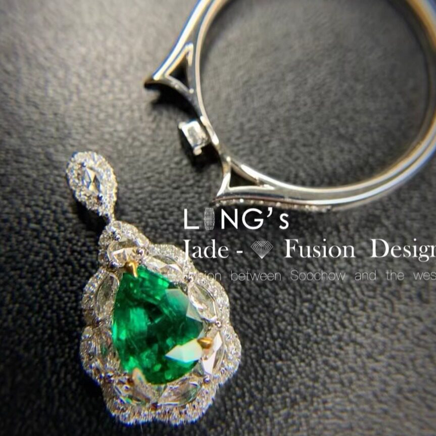 *吉祥玉易坊*18K白金钻石  沃顿绿  水滴型刻面  祖母绿 戒指挂件